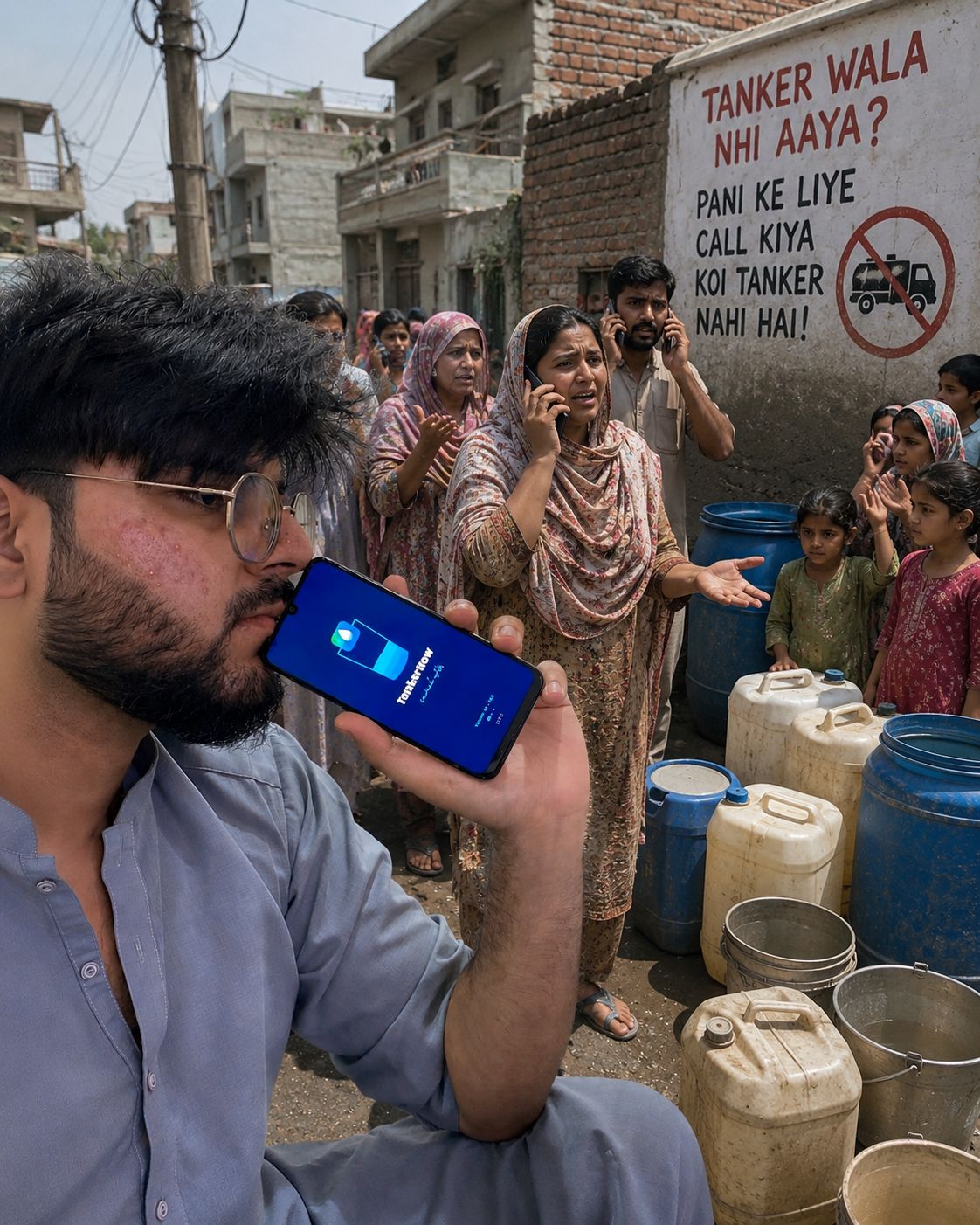 Muhammad Rohail holding the TankerNow app in front of a wall that reads: Tanker Wala Nhi Aaya? Pani Ke Liye Call Kiya, Koi Tanker Nahi Hai